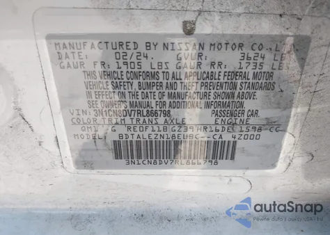 2024 Nissan Versa 1.6 S from USA, damaged, VIN 3N1CN8DV7RL866798